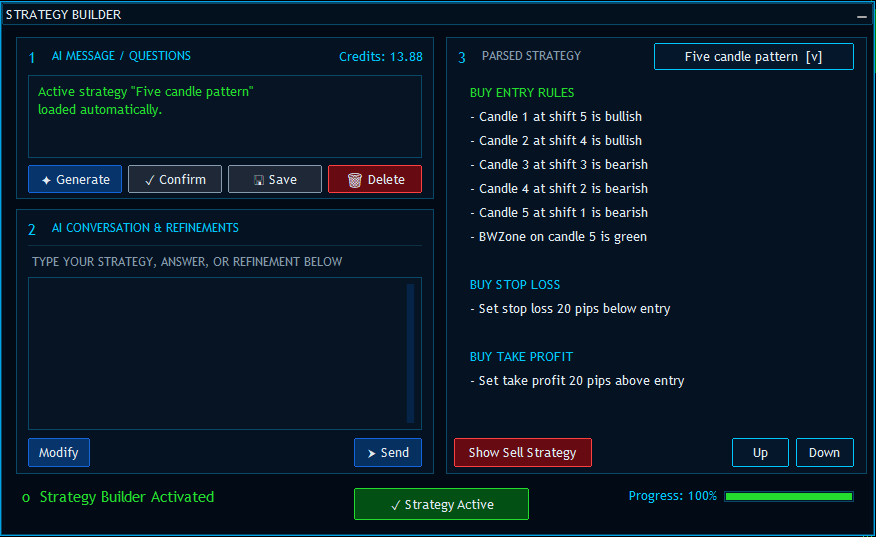 AI Strategy Builder showing a five-candle trading strategy